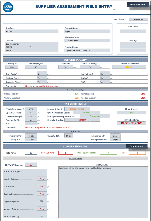 SAFE Entry Form — supplier assessment field inputs and risk score output